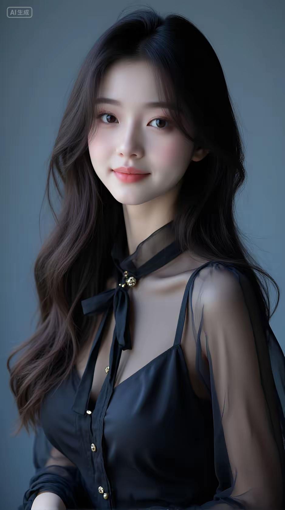 优雅黑纱连衣裙，甜美笑容，气质迷人