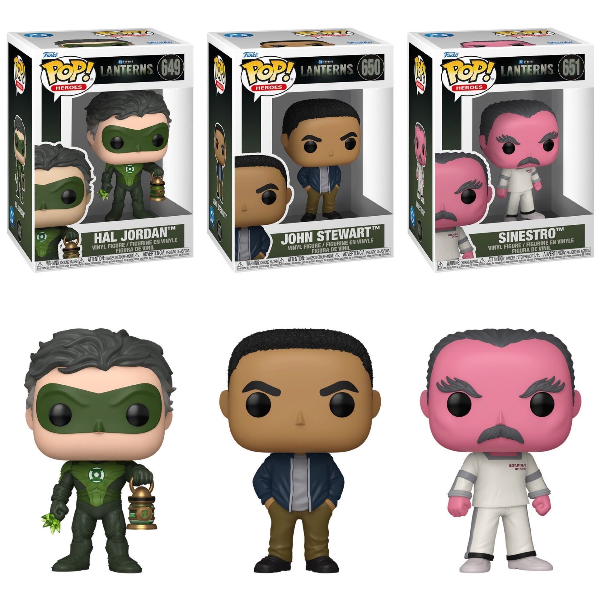 DC《灯团》的三款funko pop造型公布，从左到右哈尔乔丹，约翰斯图尔特，塞