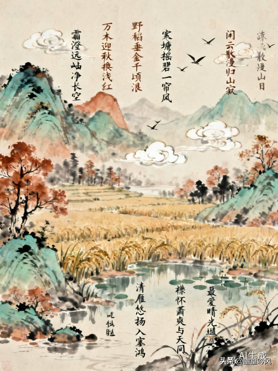 霜澄远岫净长空，
万木迎秋换浅红
野稻垂金千顷浪，
寒塘摇碧一帘风
闲云散漫归山