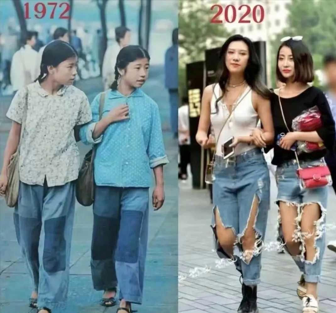 穷时愿衣整，富时愿衣破

左边图片是1972年，两位青春少女穿着补丁裤。
右边图