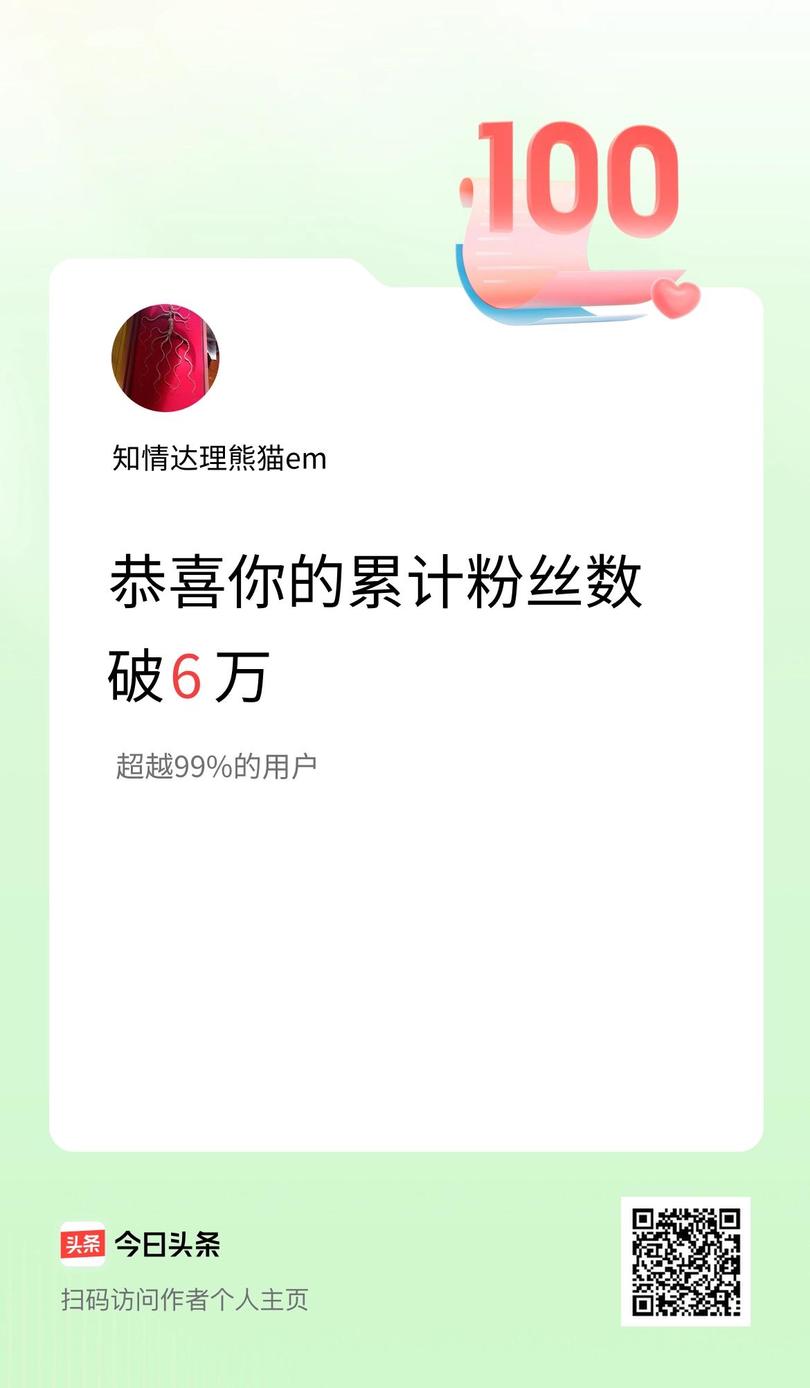 我在头条累计粉丝数破6万啦！