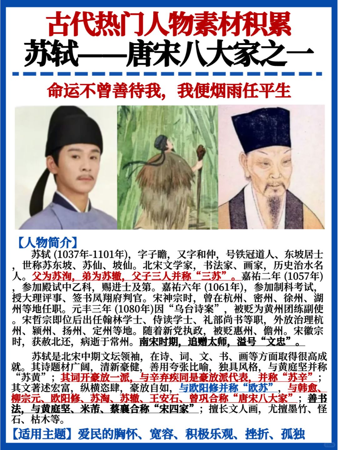 作文古代人物素材💯苏轼｜一蓑烟雨任平生