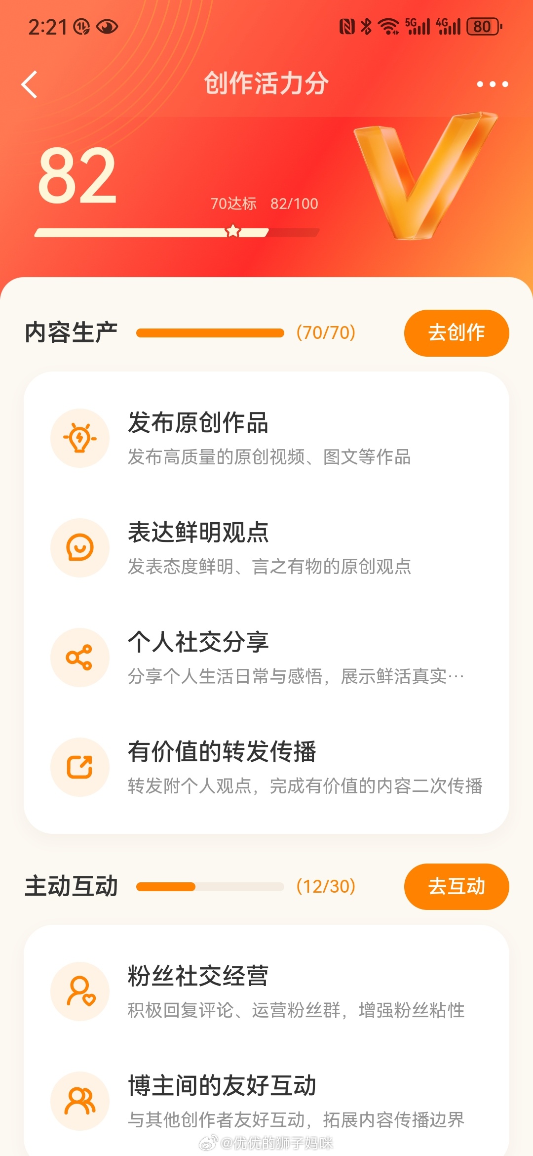 创作活力分 创作活力分还是和上次一样，82分没动，现在推荐的也不好，一天发30多