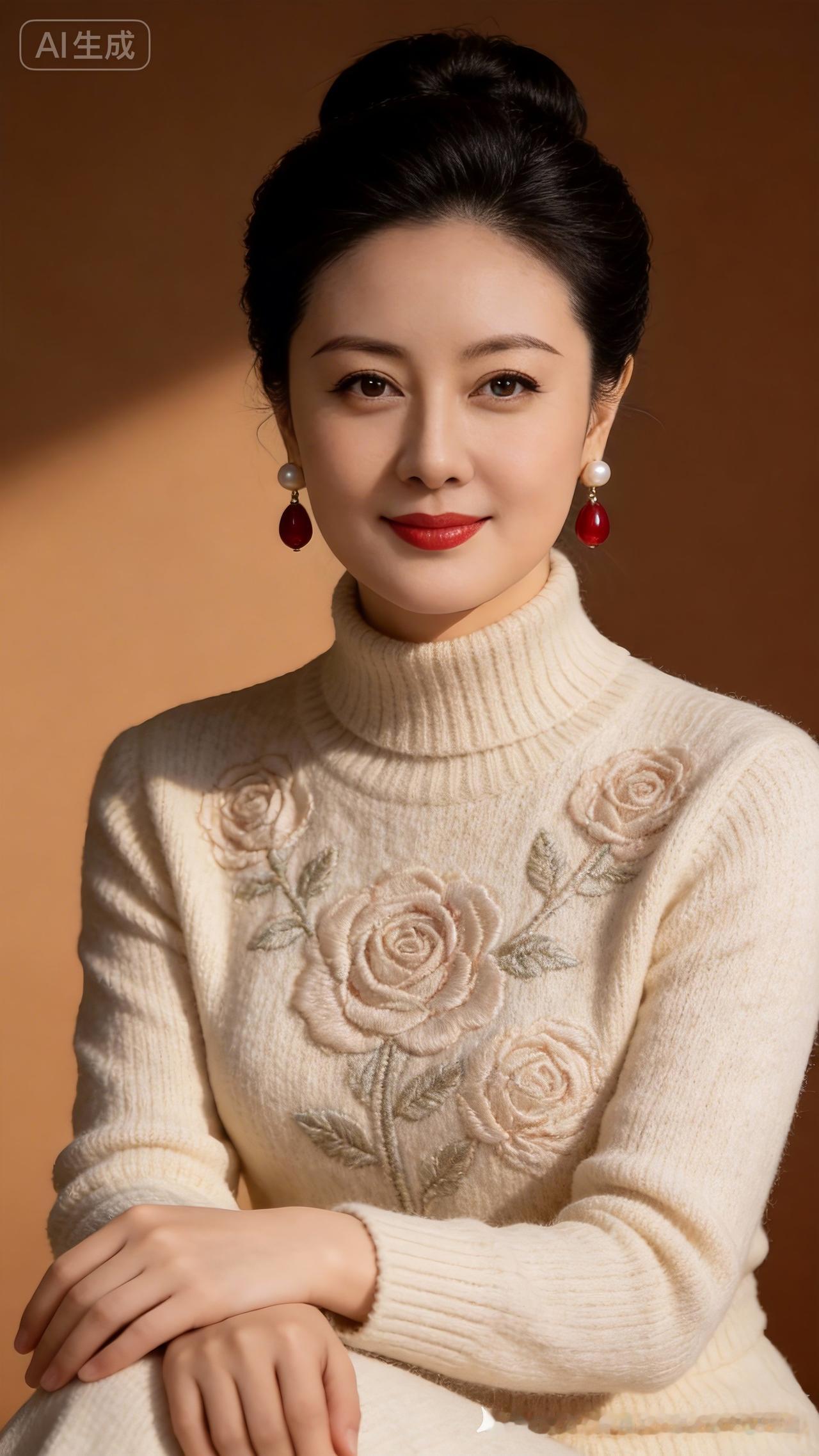 这位女士穿着漂亮的针织衫，笑容甜美。