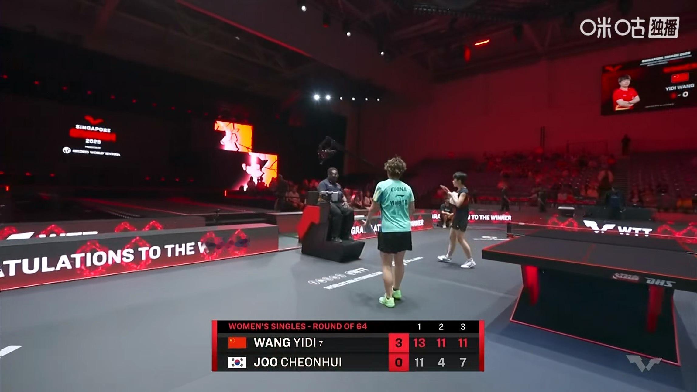 王艺迪3比0朱芊曦(13-11，11-4，11-7)晋级WTT新加坡大满贯202