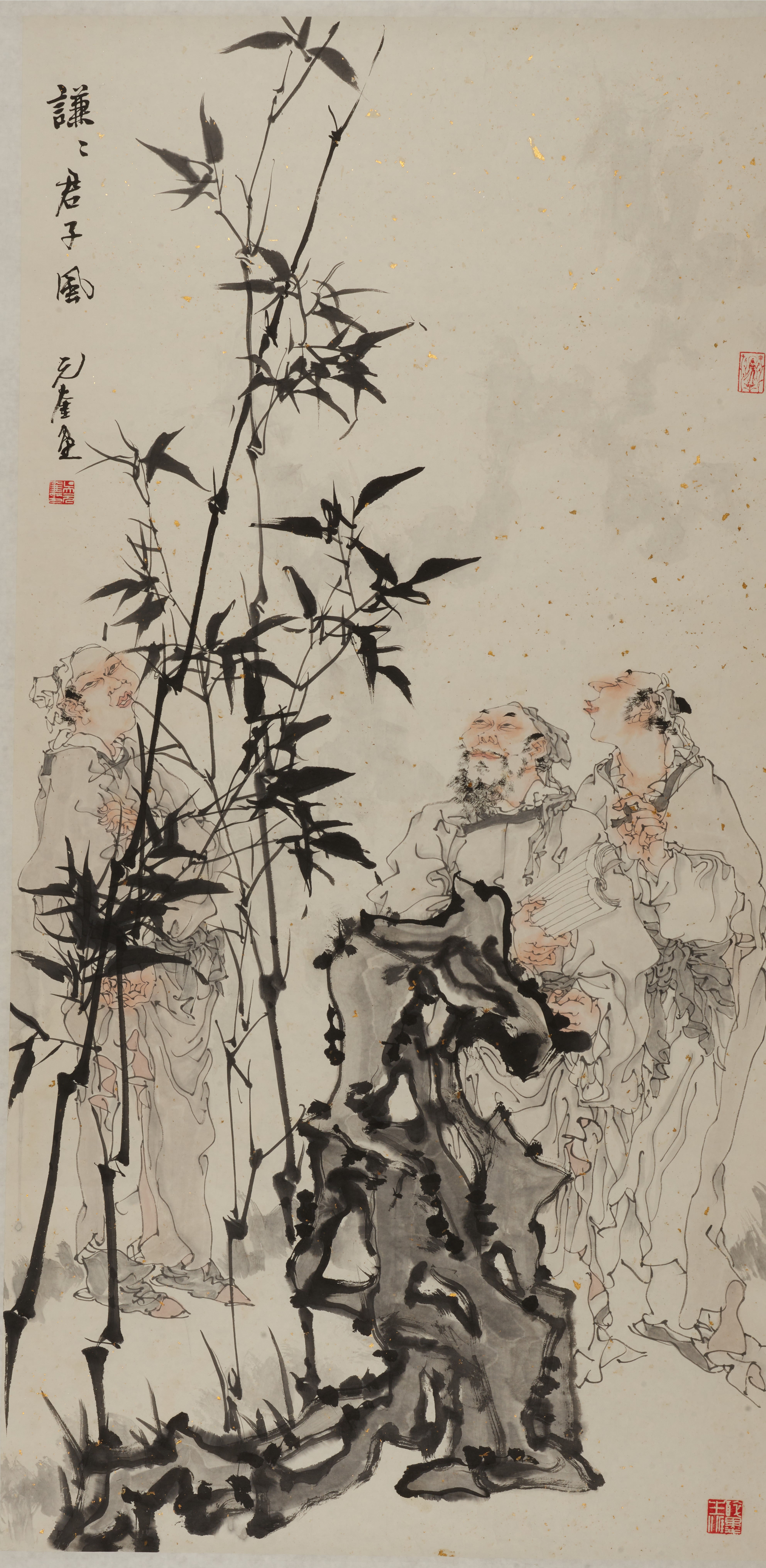 【观竹悟道，三人成趣】一石为座，三老围立，仰观修竹。竹枝斜出，叶影婆娑，似在低语