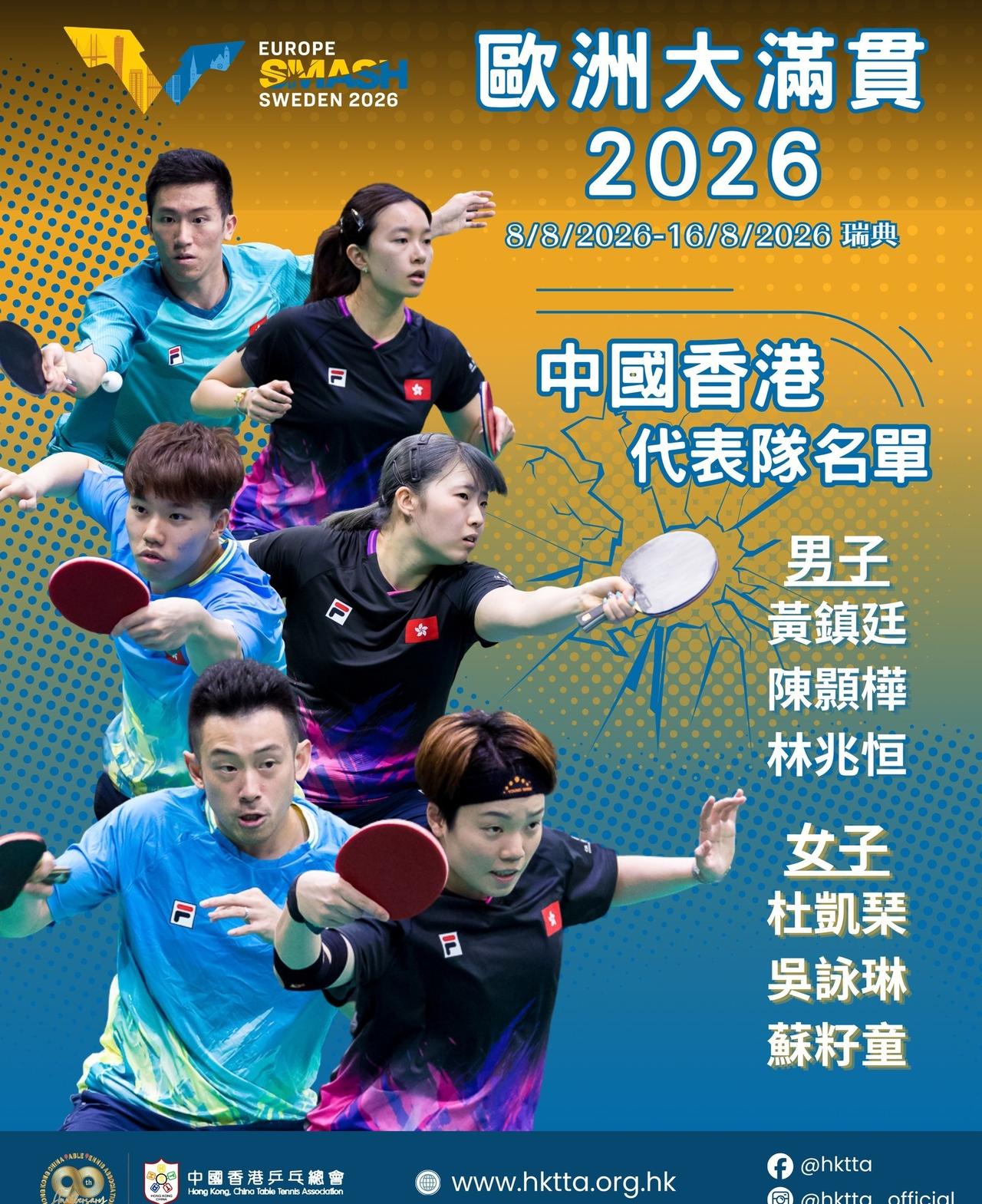【2026 欧洲大满贯瑞典站】中国香港乒乓球队参赛名单🏓

男队选手黄镇廷、陈