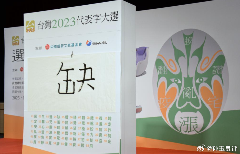 日前“台湾2023代表字大选”票选结果出炉，“缺”字获选为2023年度的代表字。