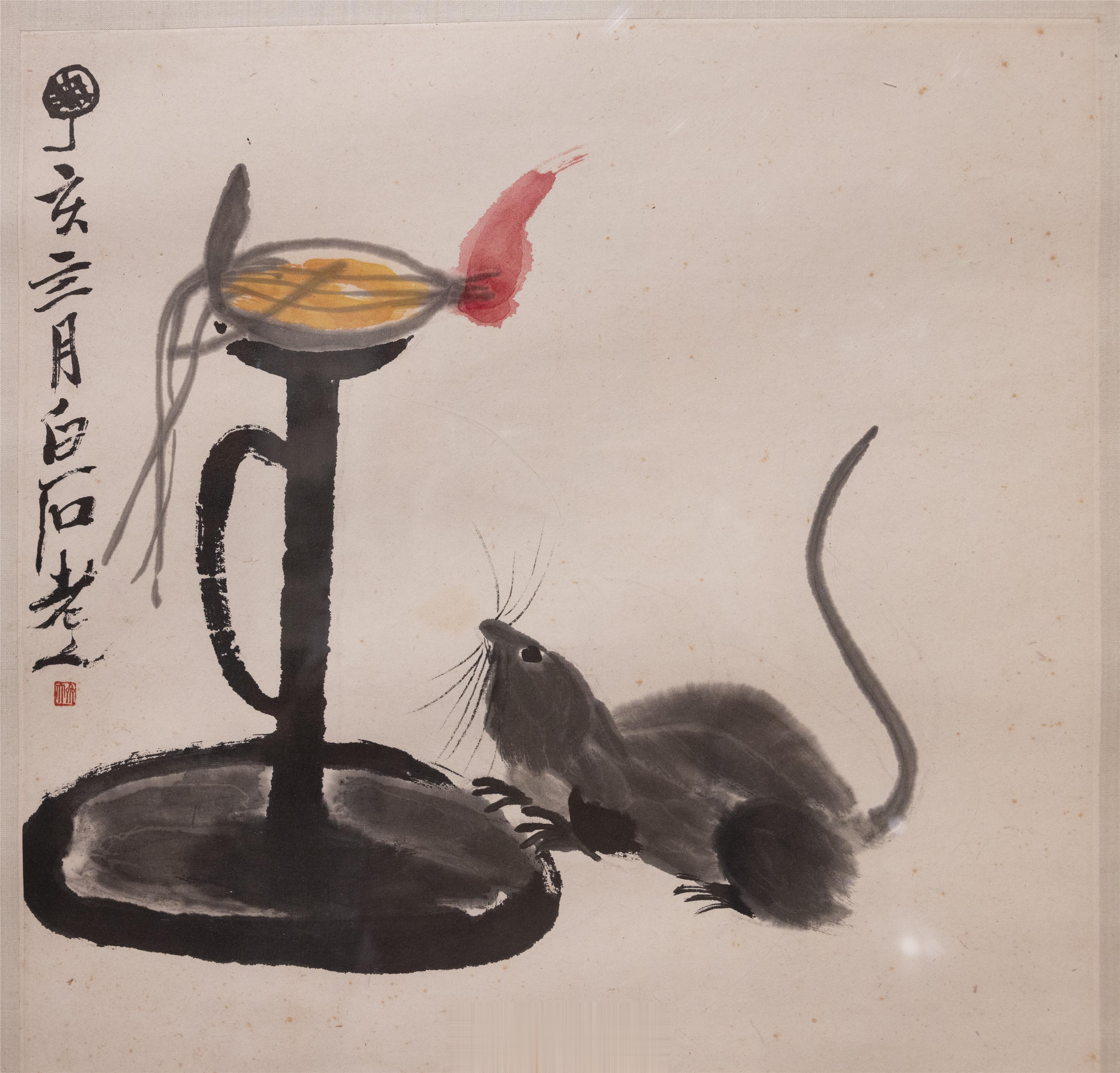 竹笋麻雀、油灯老鼠齐白石中国画34cm×33.8cm×21947年中国美术馆 藏