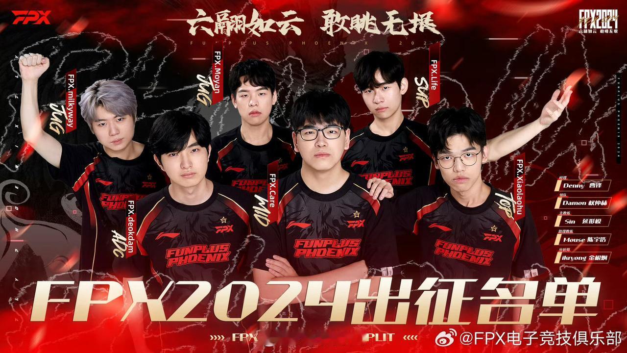 #FPX官宣2024春季赛大名单# 

主教练：Sin 延形模
助理教练：Mou