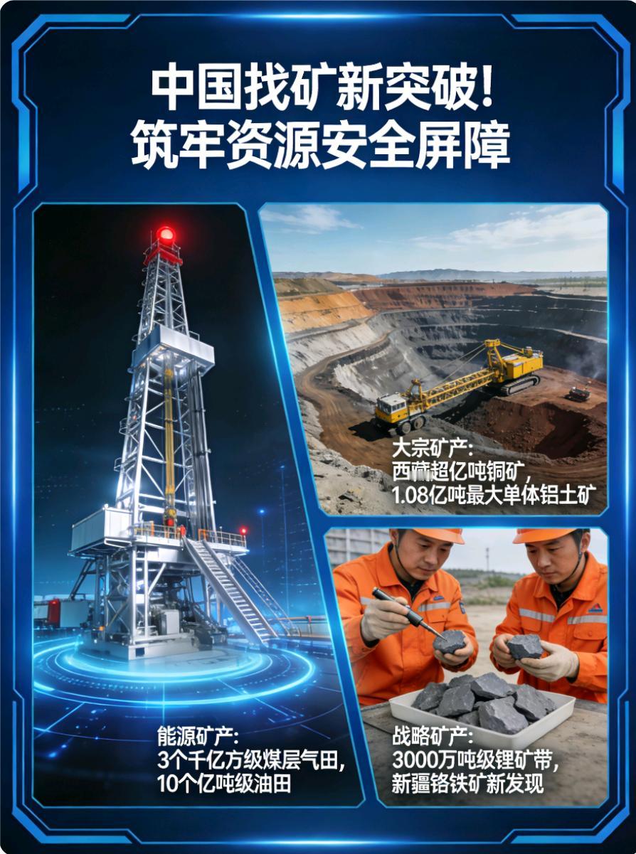 中国找矿再传捷报！多类矿产突破筑牢资源安全屏障
 
新一轮找矿突破战略行动喜报频