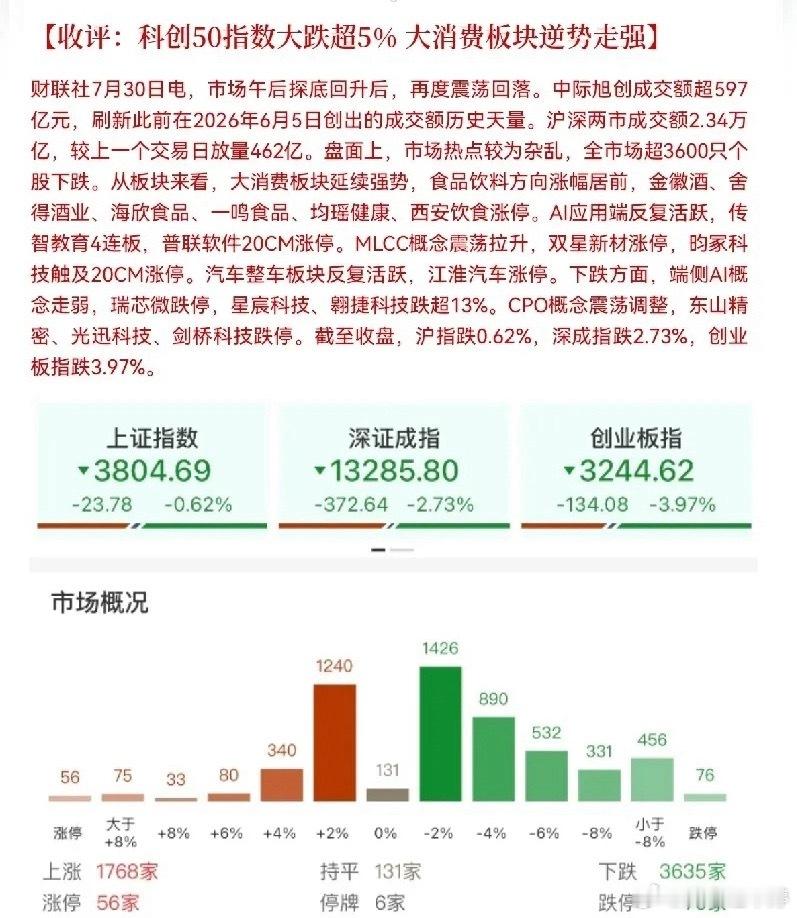 放量大跌超3600股飘绿！科创重挫5%，资金集体抱团消费避险 