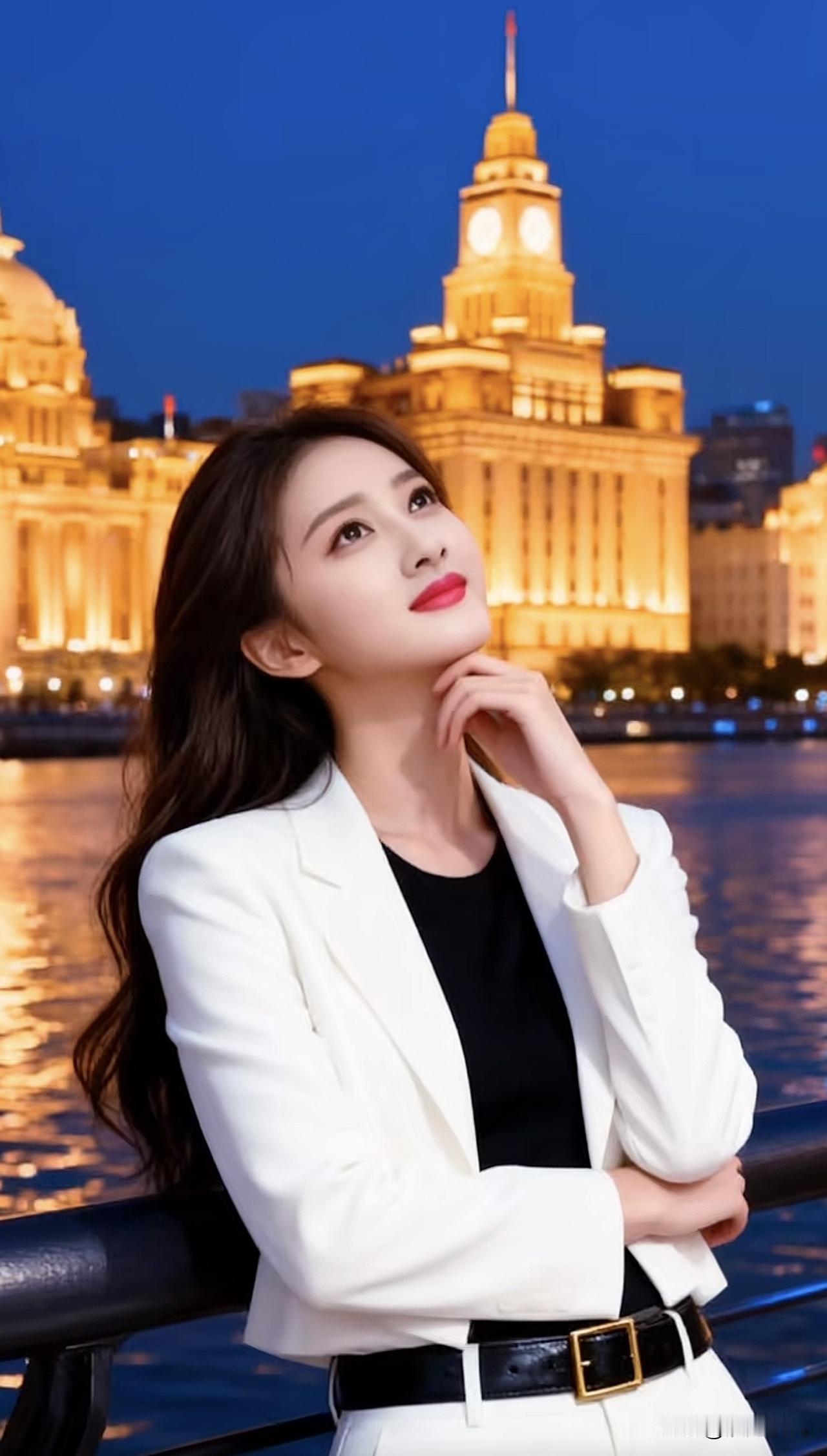 夜晚河畔，白衣少女沉思，灯火辉煌映衬，唯美如画。湖边温柔少女 湖边白裙少女 夜景