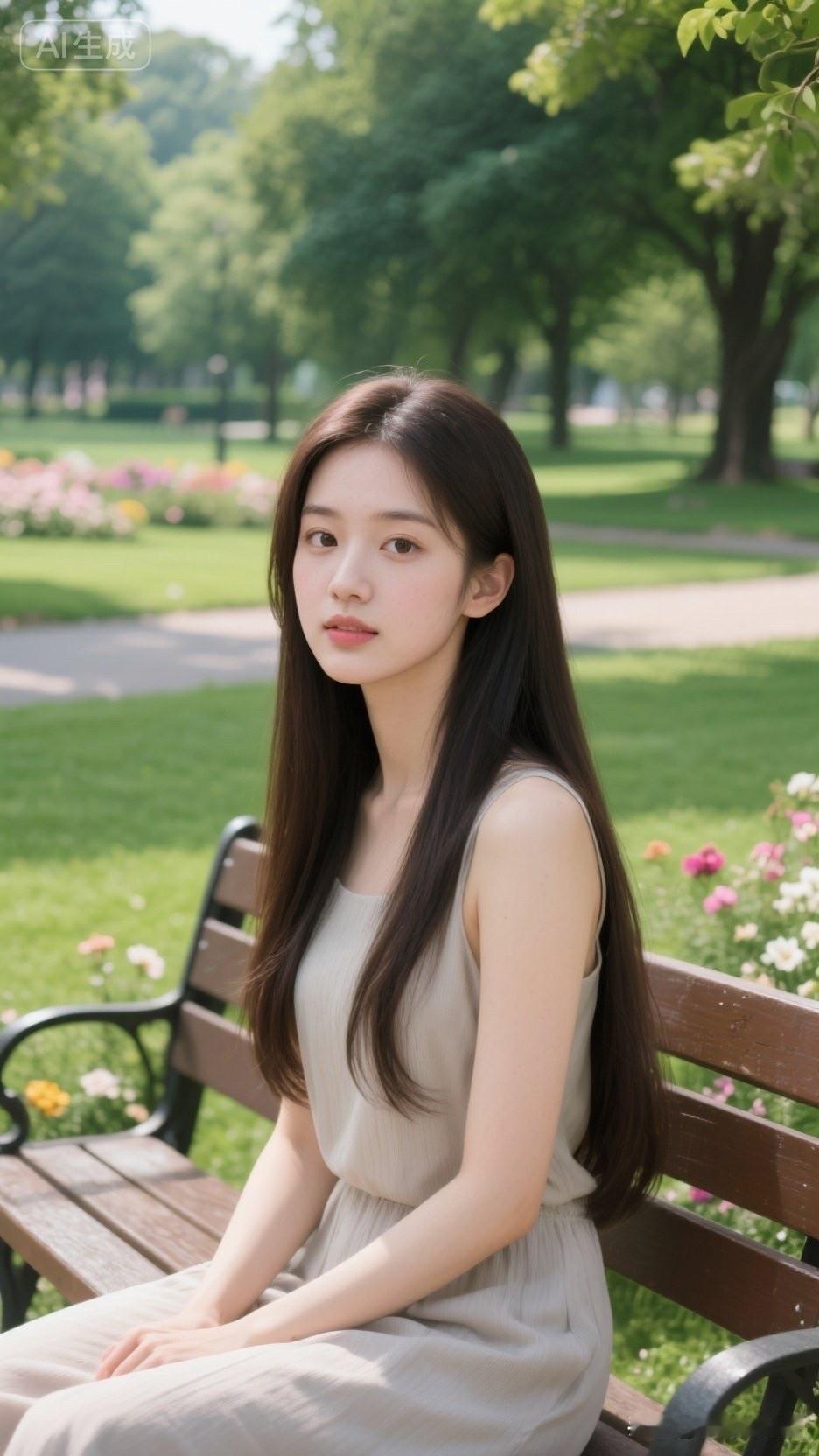 阳光明媚的午后，公园长椅上的少女，清新自然，美不胜收。