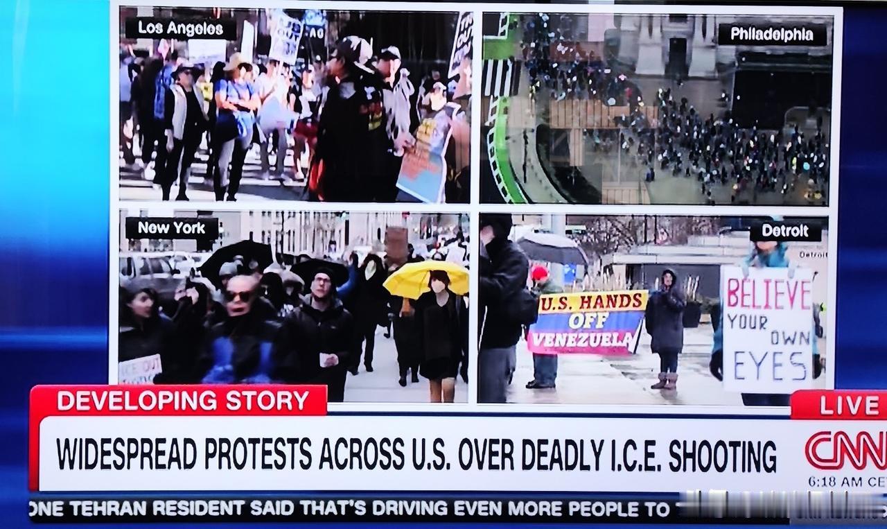 下午在家看CNN新闻，美国各地继续爆发抗议。抗议者顶风冒雪抗议美国移民管理局IC