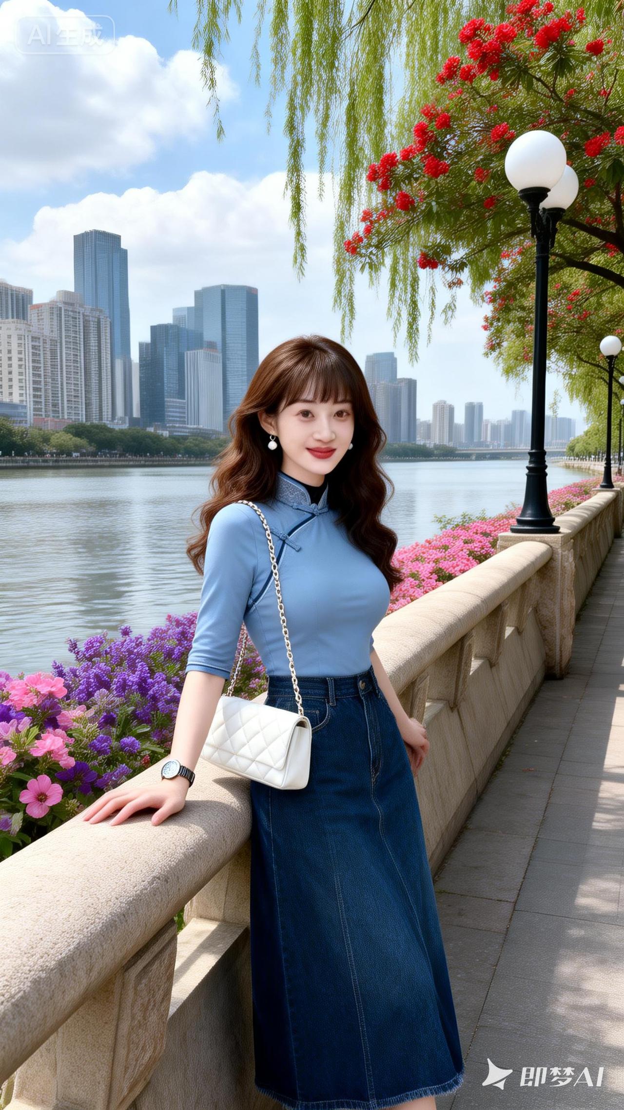 都市风穿搭指南：蓝裙与花海相映成趣🌸✨