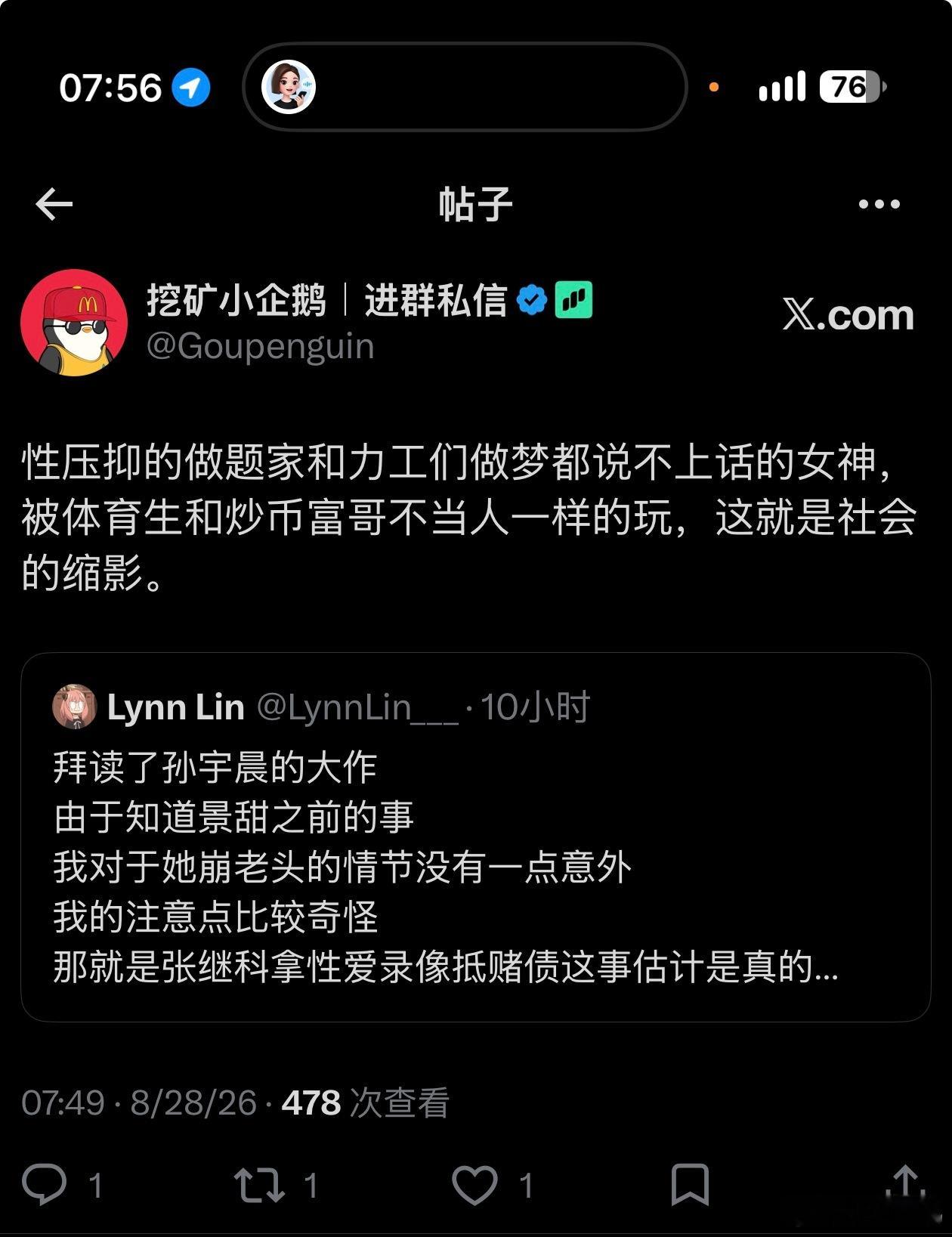 性压抑的做题家和力工们做梦都说不上话的女神，被体育生和炒币富哥不当人一样的玩，这