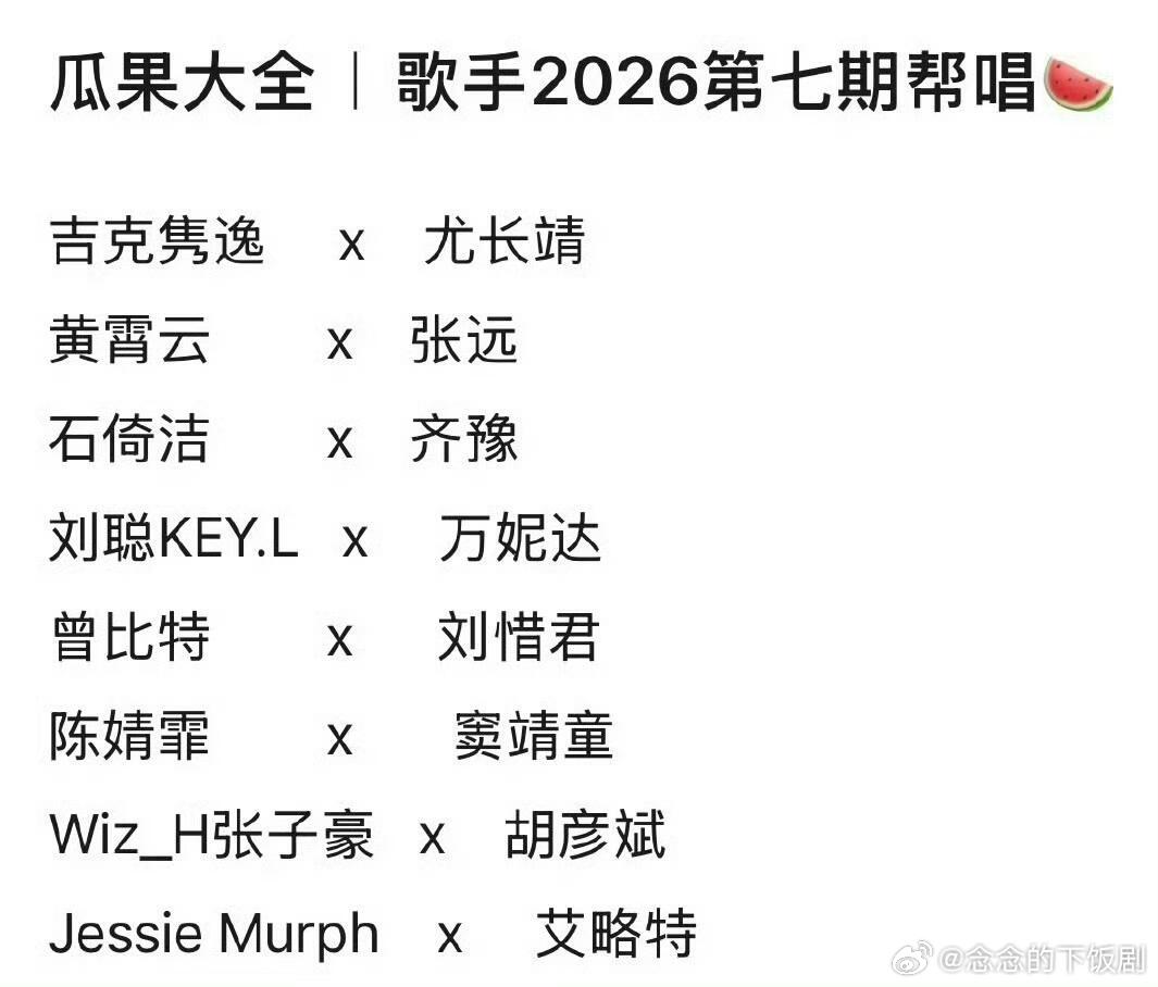 歌手刘聪将帮唱万妮达！网传《歌手》第七期帮唱名单！刘聪帮唱万妮达 张子豪帮唱胡彦