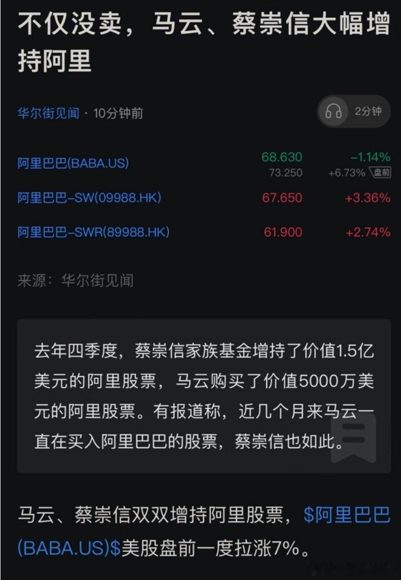 #马云蔡崇信大幅增持阿里股票#这届互联网，让子弹多飞一会儿真是永远不会错。俩月前