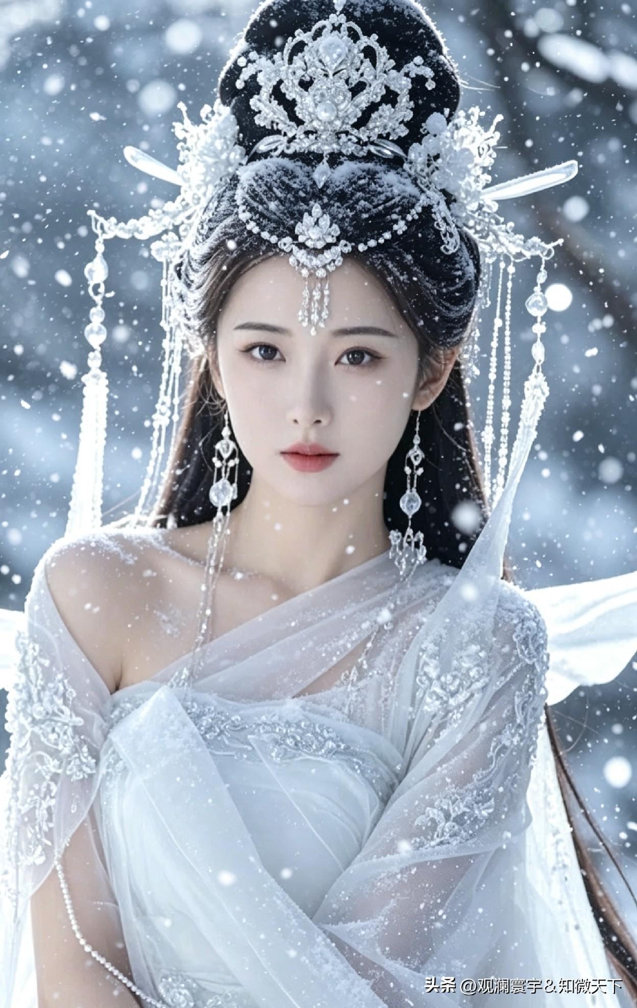碎雪漫过林间朦胧的雾
银冠堆叠冰雕似的花
珠帘般的流苏垂在眉侧
每一粒碎钻都盛着