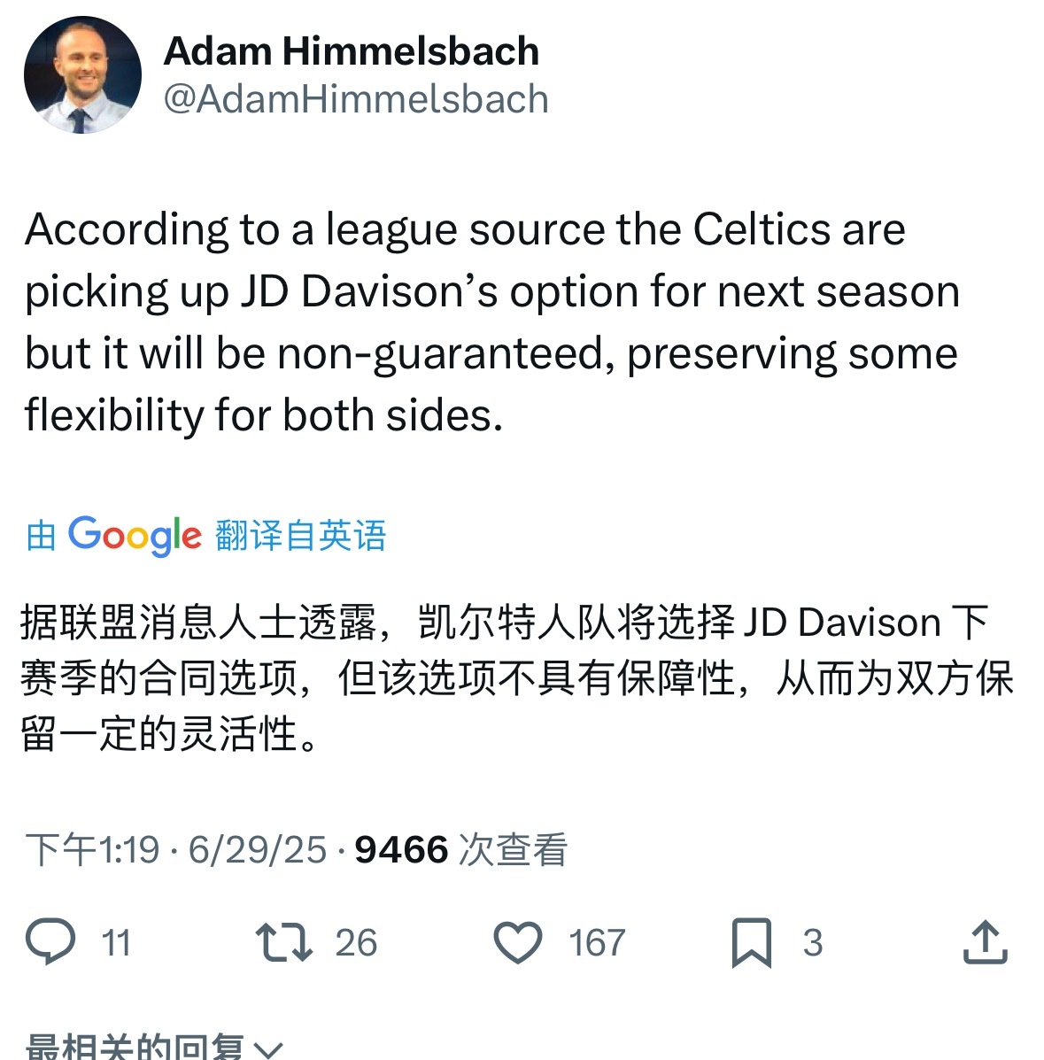 凯尔特人执行东北雨姐下赛季选项，是无保障合同。凯尔特人 ​​​