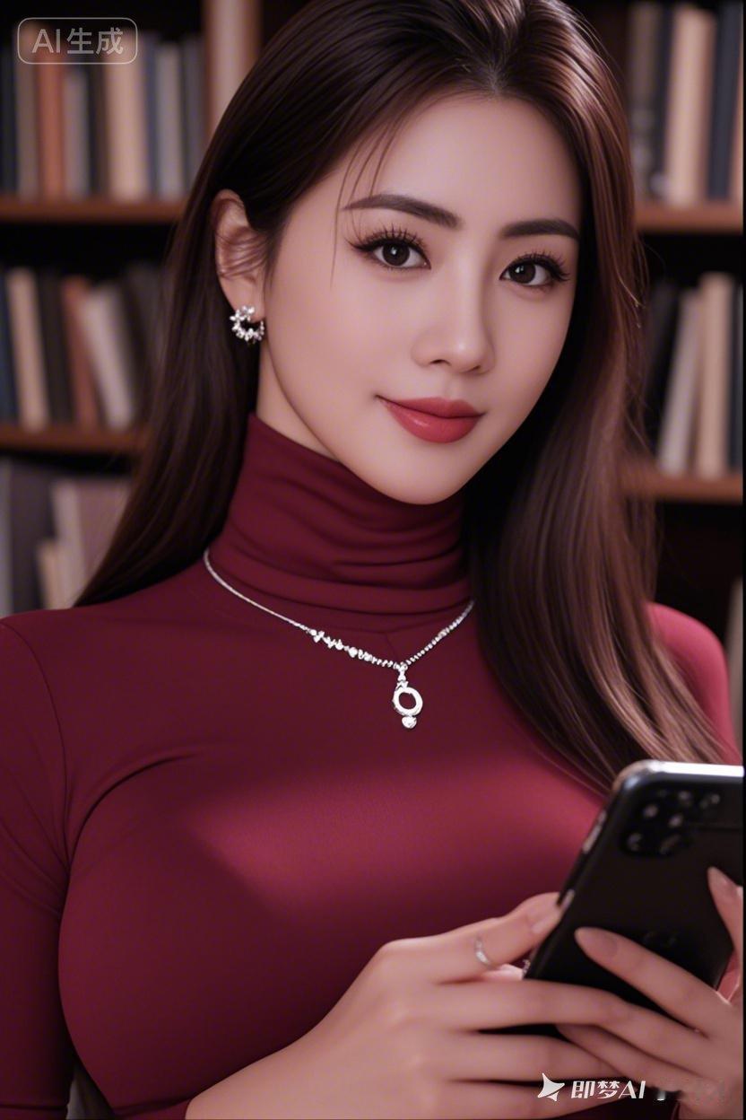 优雅红衣少女，沉浸在书香与科技的交融中。📚✨