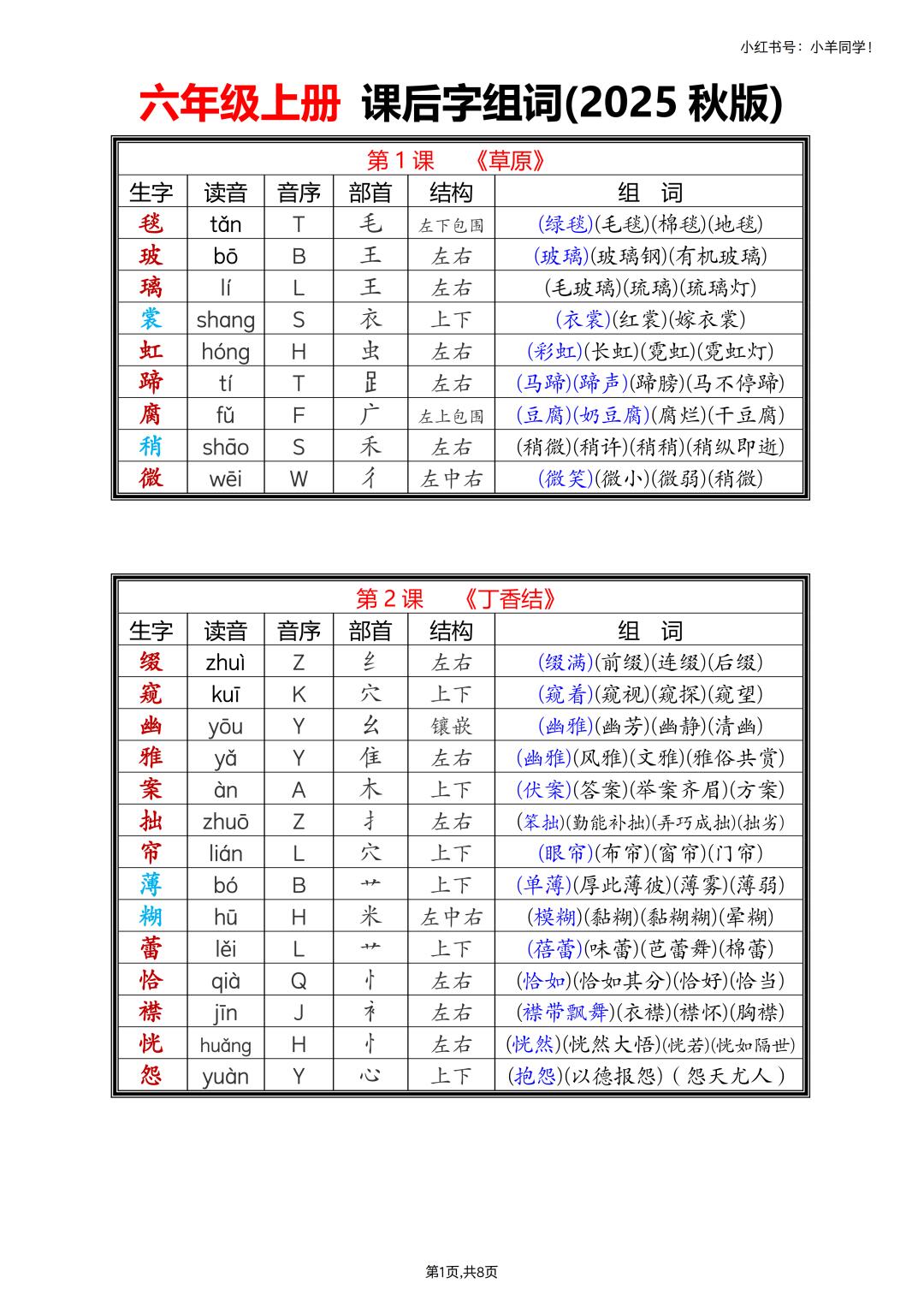 六年级上册课后生字组词课课贴【新版】