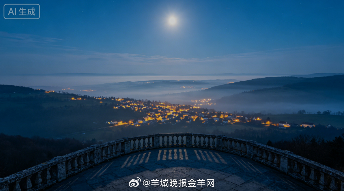 #晚安# 柔和月色铺满山顶观景台，远处村落灯火朦胧，晚风轻柔舒缓。静静倚靠栏杆俯