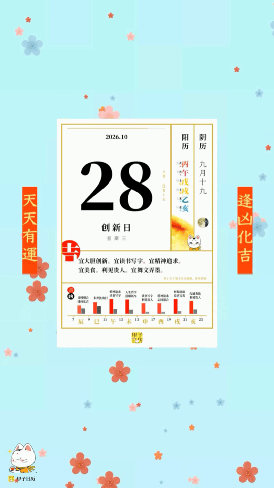 甲子日历 10 月 28 日，创新日。宜大胆创新。宜读书写字。📆 星座人生 ​