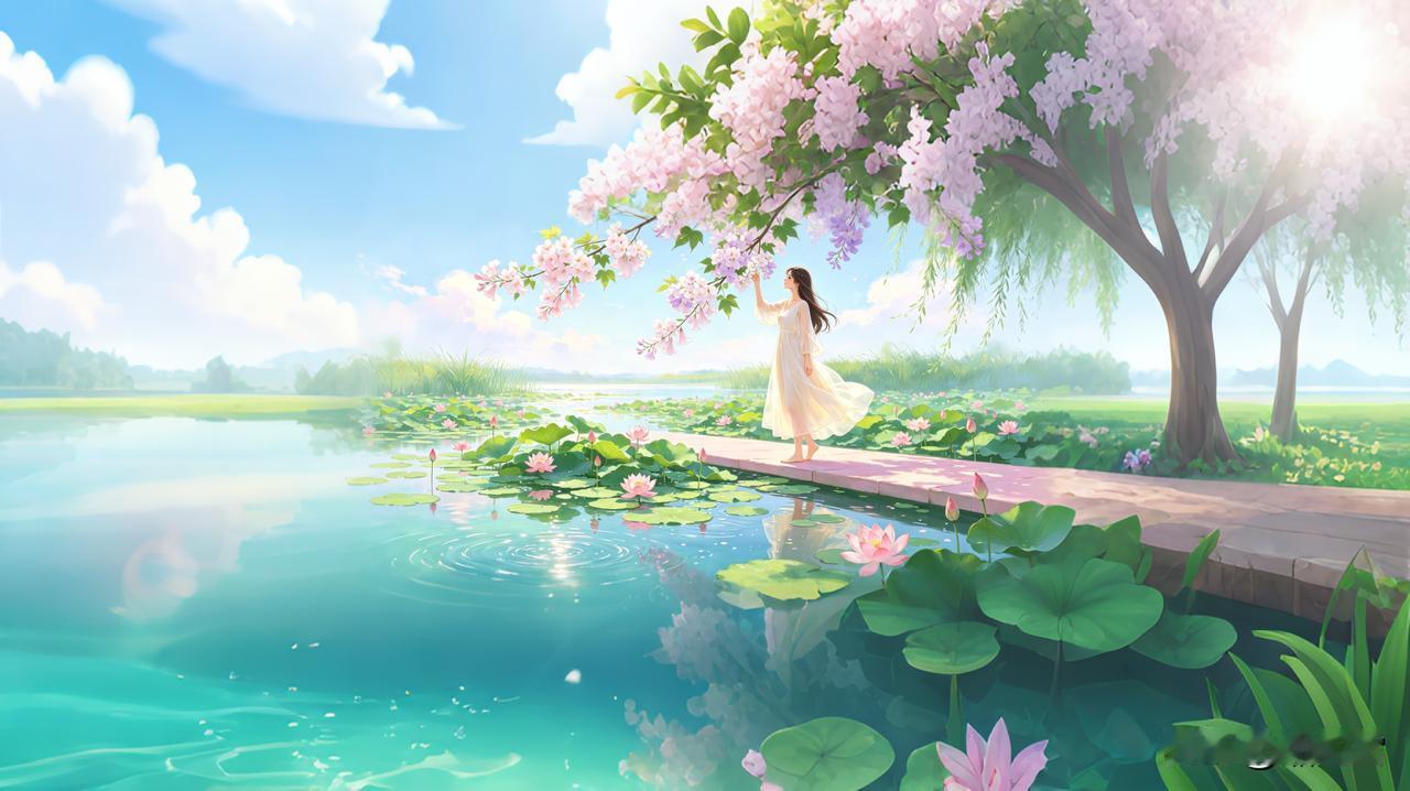 苔侵石径，细雨风吟洇落叶；
水漾荷塘，轻衣步软对眠花。平仄诗意