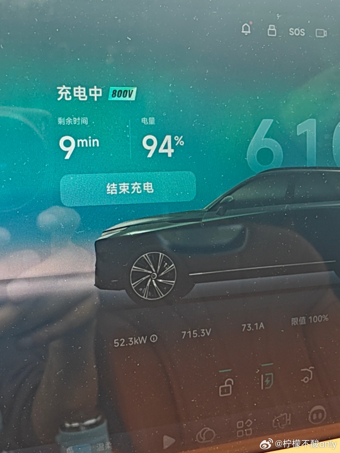 充电到95％的时候还能保持52kw的功率，感觉很可以了，最后5度电也就大概等6分