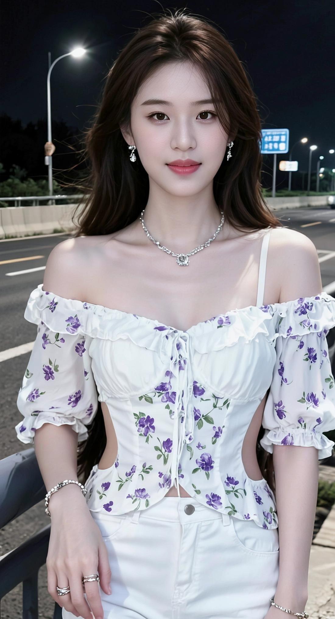 穿上碎花上衣，露肩的设计让夏日的微风都能钻进来，搭配随意的姿势，甜妹穿搭就是这么