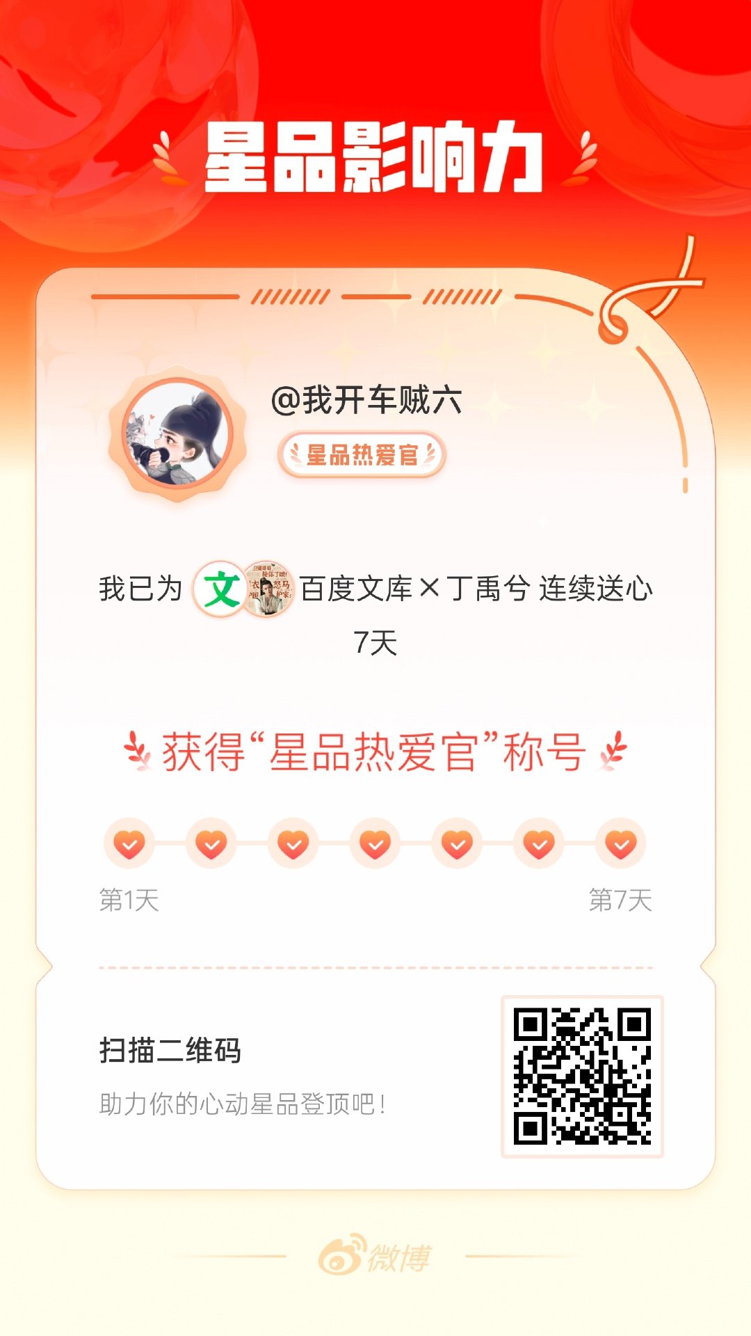 我在星品影响力上为 X 连续送心7天，获得“星品热爱官”称号！快来一起pick你