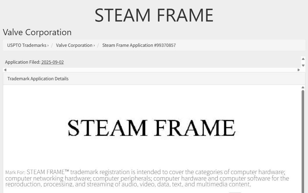 V社注册了商标「STEAM FRAME」，涵盖供娱乐游戏的电脑游戏机；游戏主机；