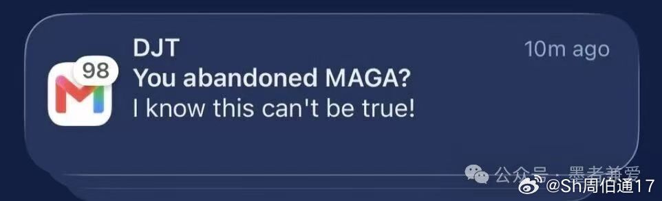 很多美国人都收到了特朗普的短信。短信写道：“你们抛弃了MAGA？我知道这不可能是