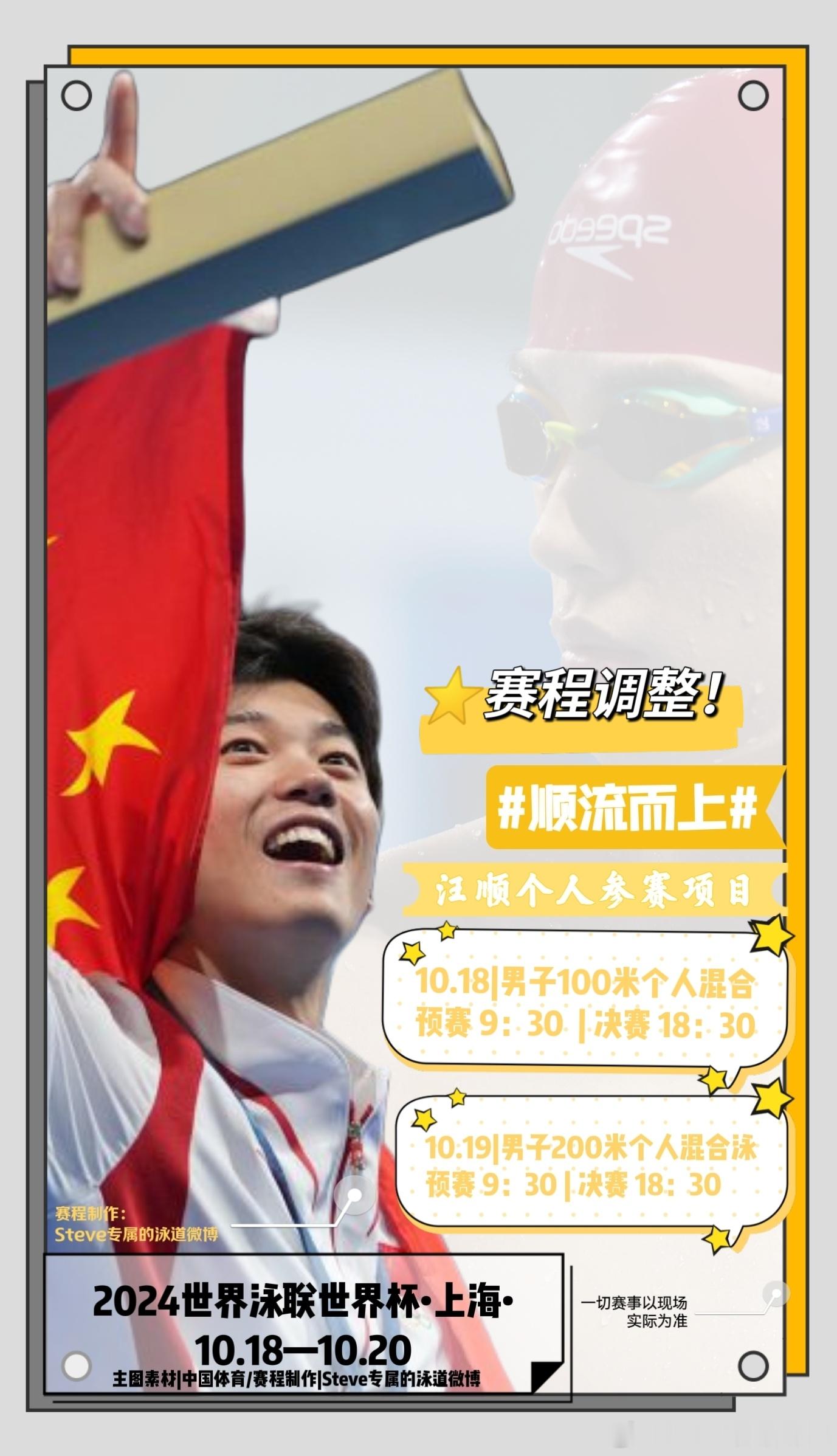 #汪顺[超话]#[全力以赴]#顺流而上#【赛程调整】#2024游泳世界杯上海站#