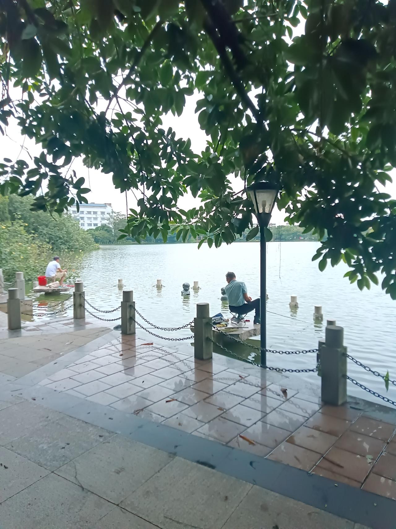 下午五点多又进贵港市东湖公园看看水消退些没有，到翼王桥处见桥己淹过半水。近见一男