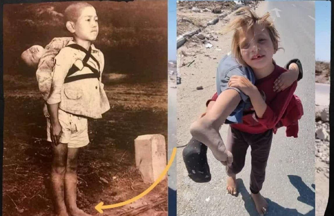 长崎 1945年 vs 加沙 2024年！历史正在重演！左图：美国在日本的化学轰