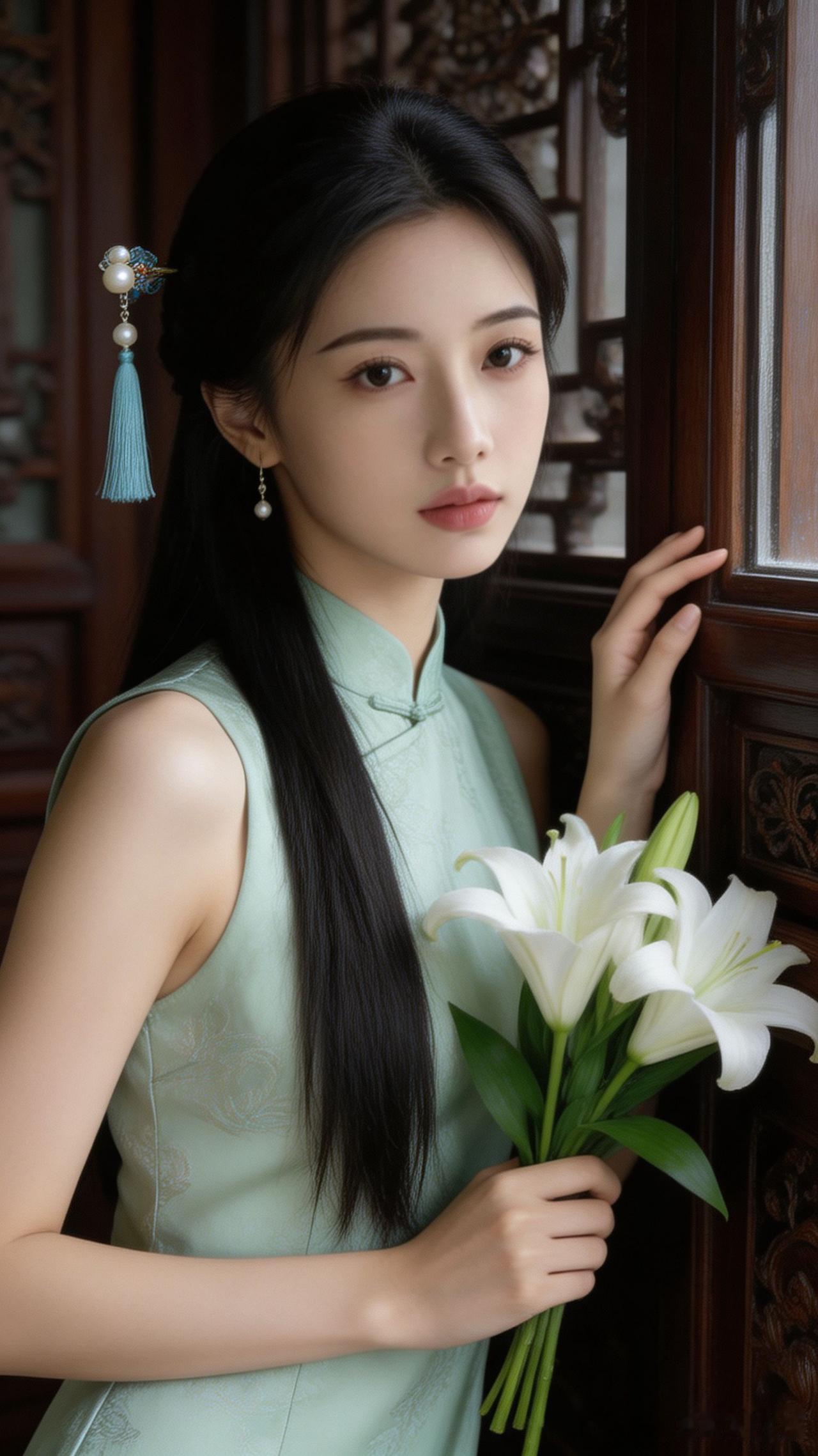 一位姑娘手持百合，倚靠在雕花窗边。