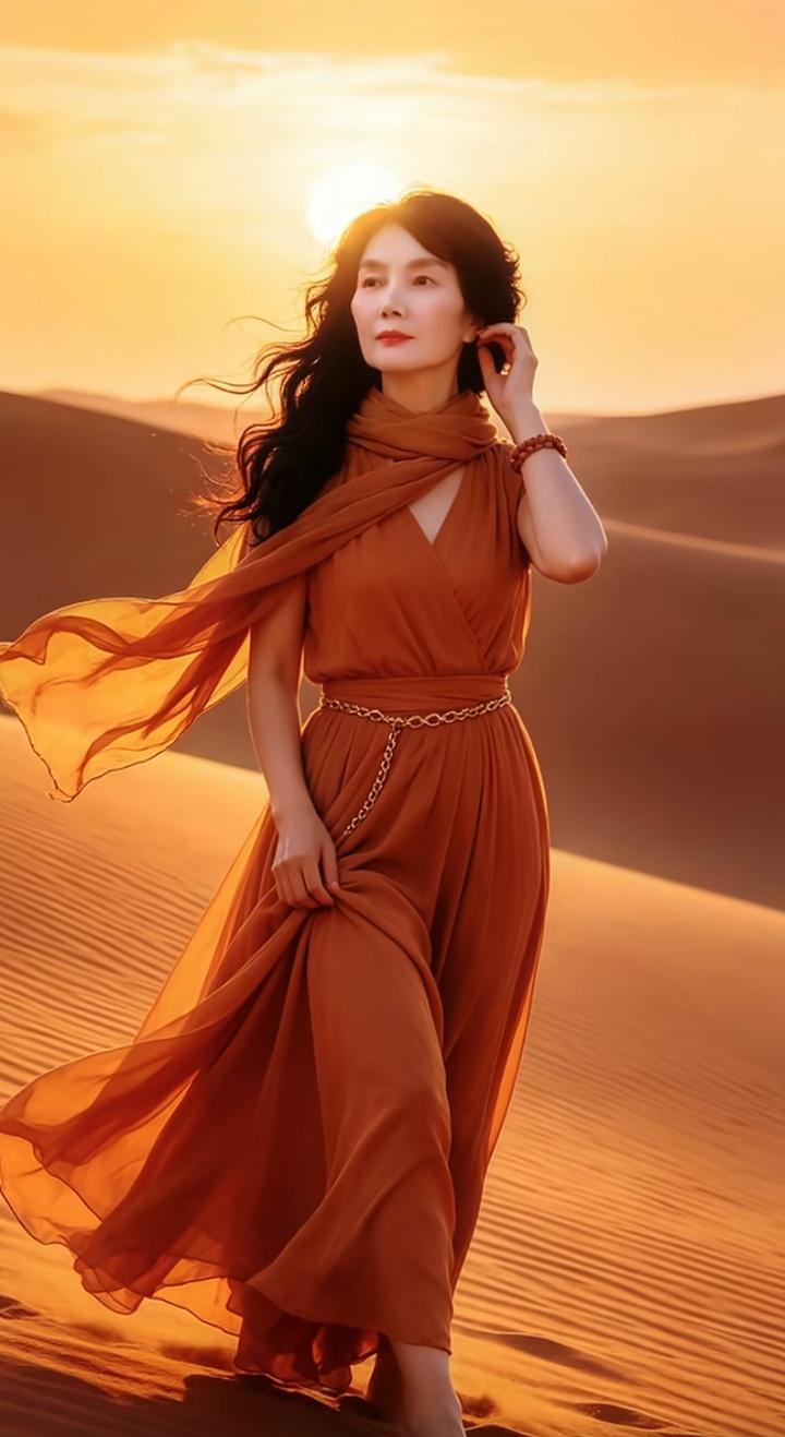沙漠中的优雅女子，橙衣飘逸，夕阳下的唯美瞬间。上联:昨日黄花大闺女，请您赐下联 