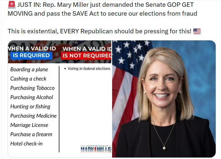 美国会众议员玛丽·米勒刚刚要求参议院共和党立即行动，尽快通过《SAVE 法案》，