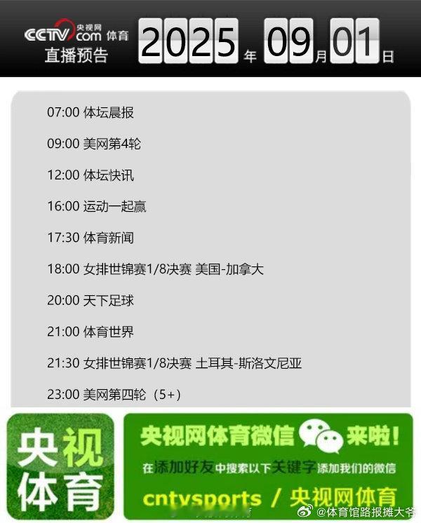 【央视网体育9月1日直播预告】07:00 体坛晨报；09:00 美网第4轮；12