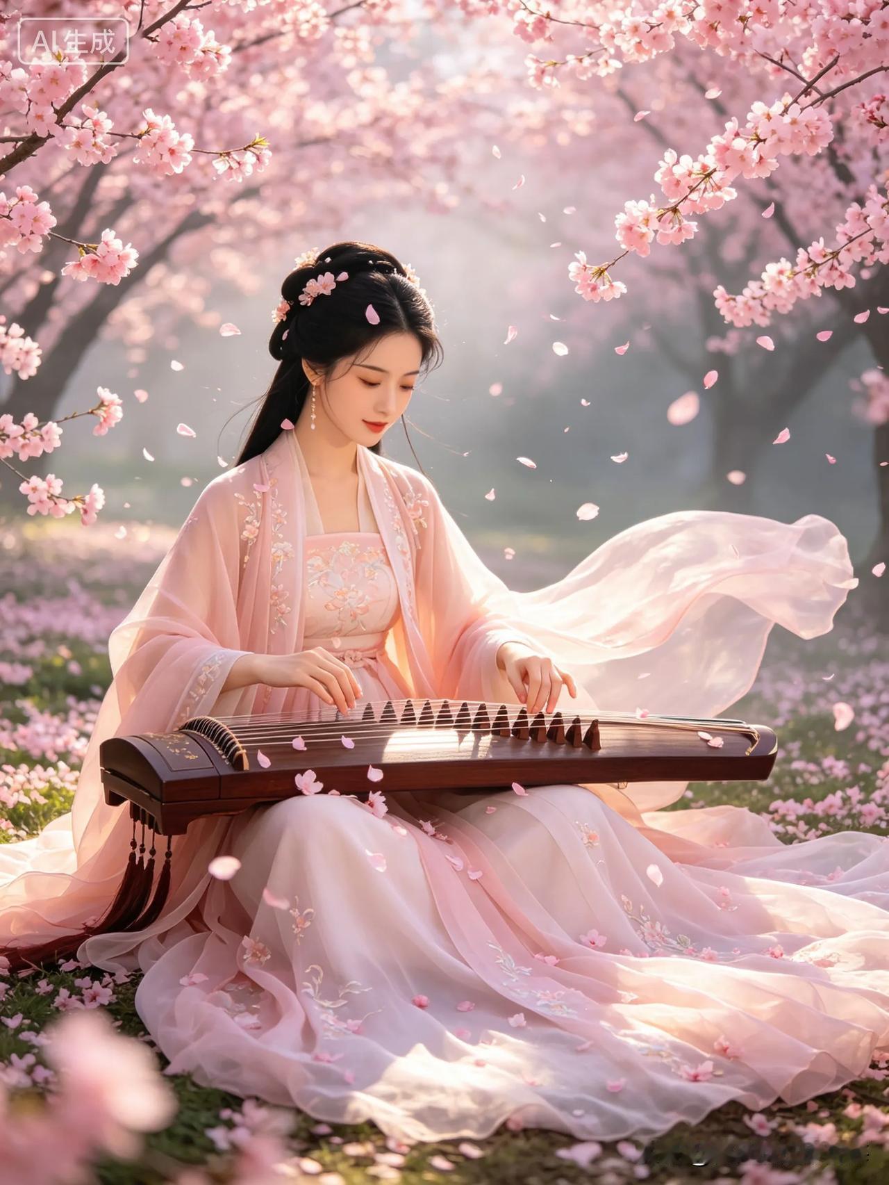 《七律·桃花美女》
玉女亭亭著粉纱，
和风漫拂落花斜。
五音六律撩天籁，
百媚千