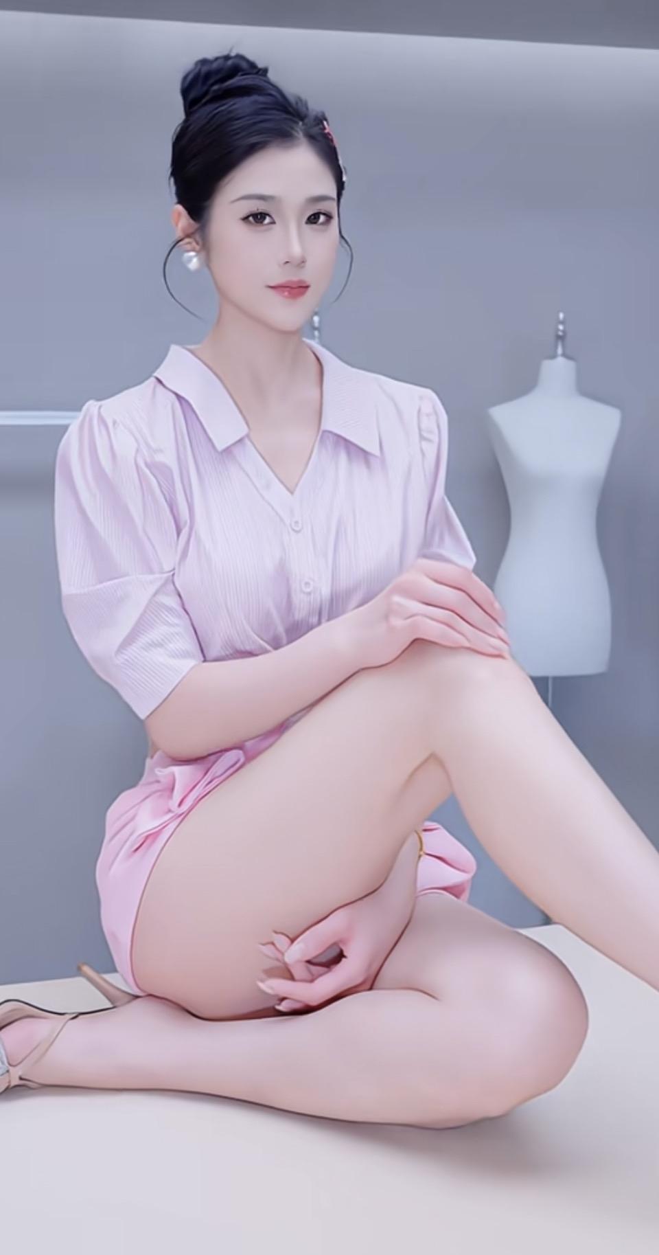 这位女士穿着粉色衣服，坐在地上。