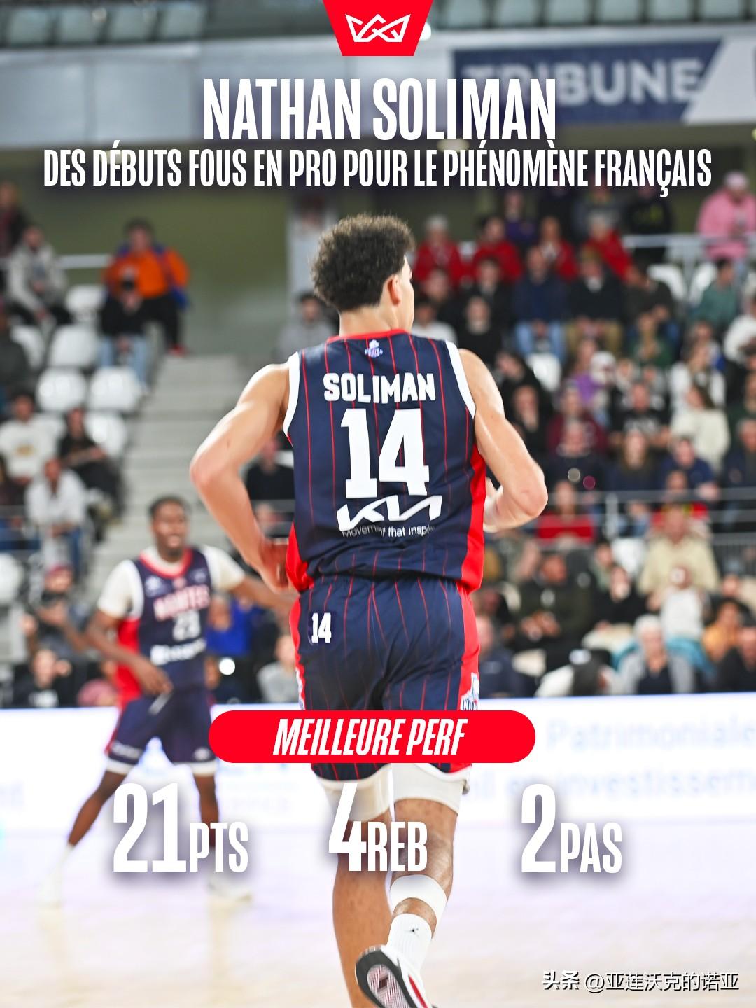 2009级前锋Nathan Soliman单场21分4篮板2助攻，这是他在法国P
