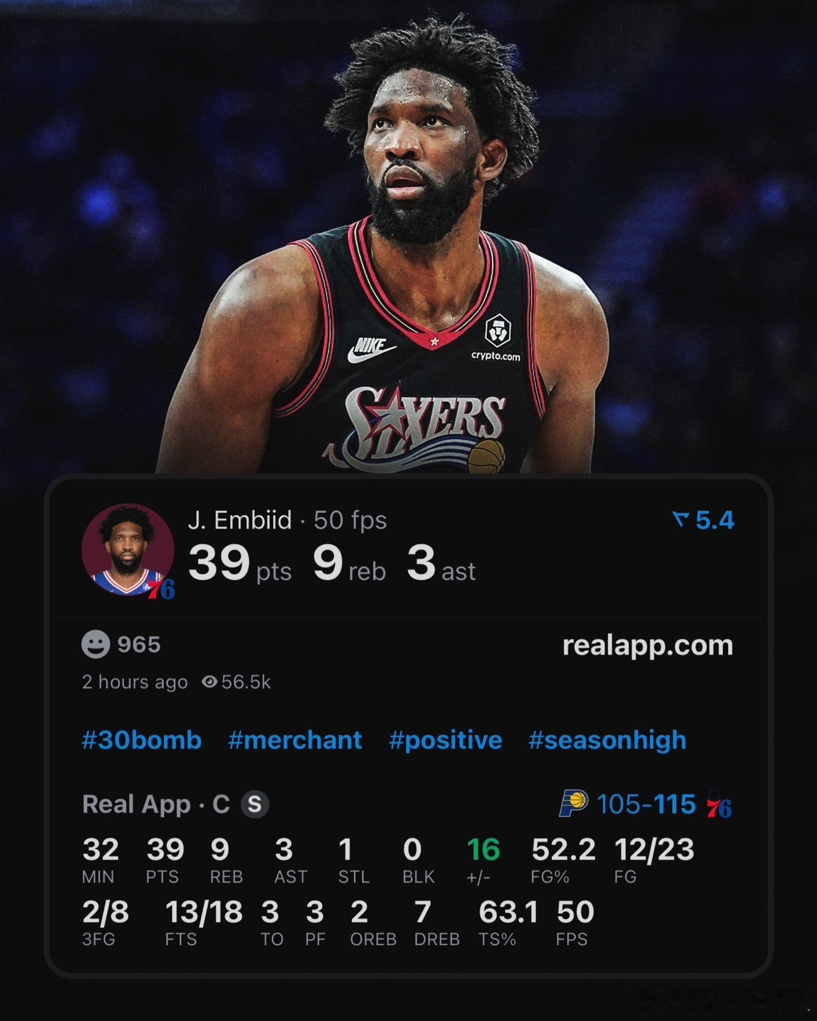 强势反弹！76人主场战胜步行者，恩比德轰下39分9板3助，打出赛季最佳一战🔥熟