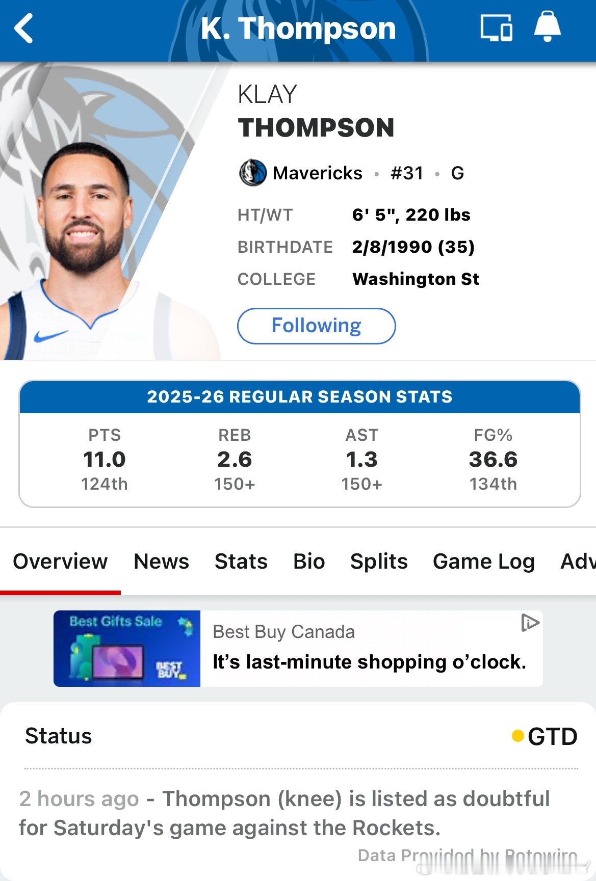 今日独行侠对战火箭，克莱2个小时前上了伤病名单，因为左膝酸痛只有25%几率出战汤