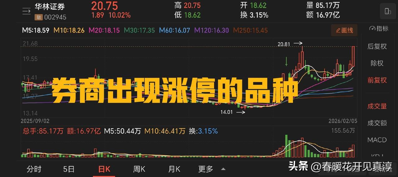 今天券商里面出现了第一个涨停的品种，就是华林证券，表现出低位放量的特征，紧随其后