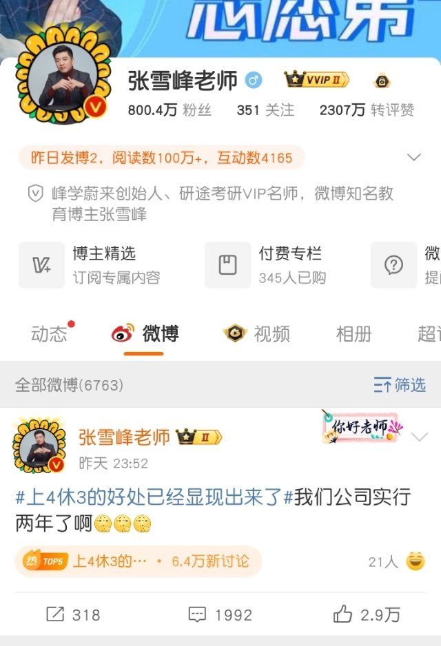 张雪峰公司实行上4休3 不是 这才刚说 上4休3的好处已经显现出来了  您这已经