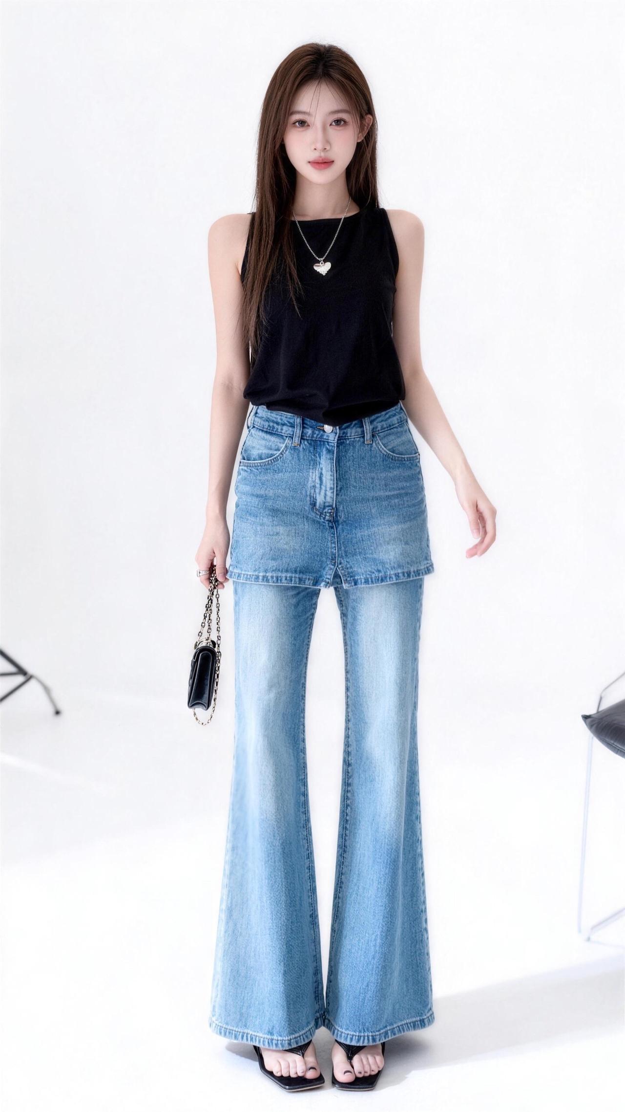 牛仔抹胸搭配 无袖高腰阔腿裤 无袖牛仔裙穿搭 吊带背心搭配牛仔裤 牛仔阔腿裤造型